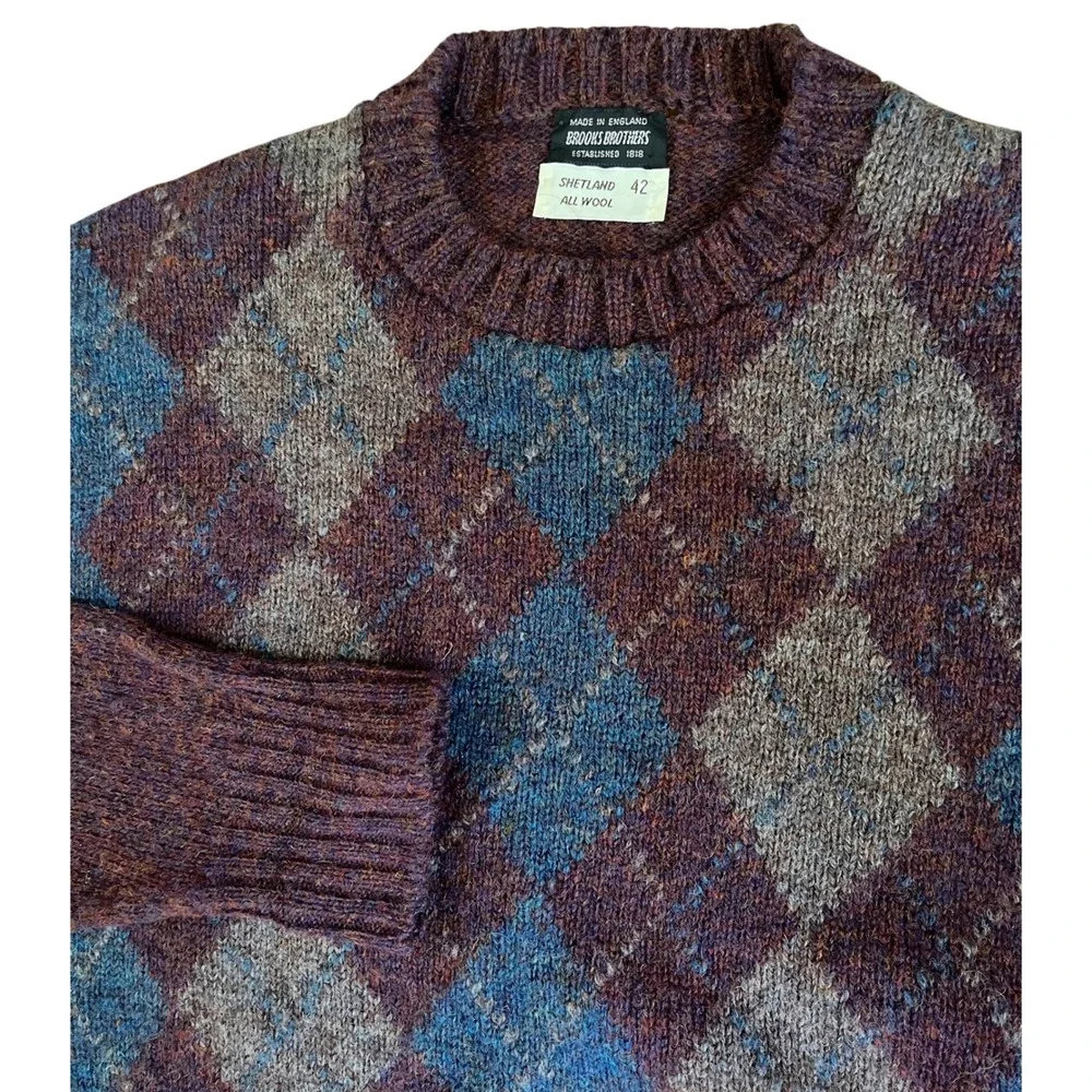 Brooks Brothers Shetland Wool Argyle Sweater Mens 42 Purple Made in England Vtg